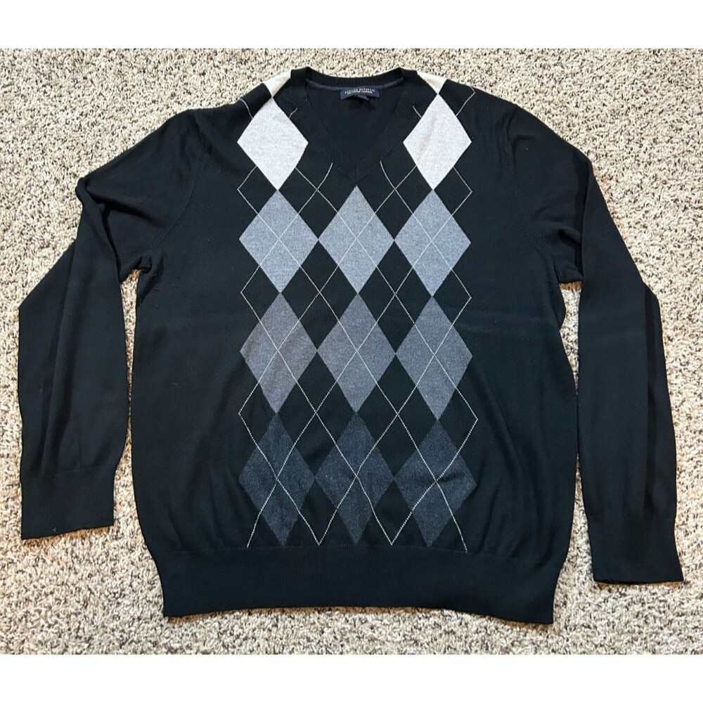 Banana Republic Sweater Mens XL Black Gray Argyle V Neck Silk Cashmere Blend